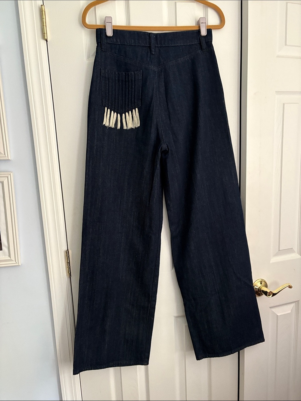 Tory Burch Dark Indigo Wide Leg Jeans with Fringe Pocket
